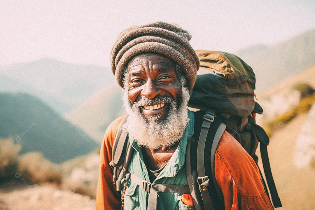 Velho negro andando no topo da montanha
