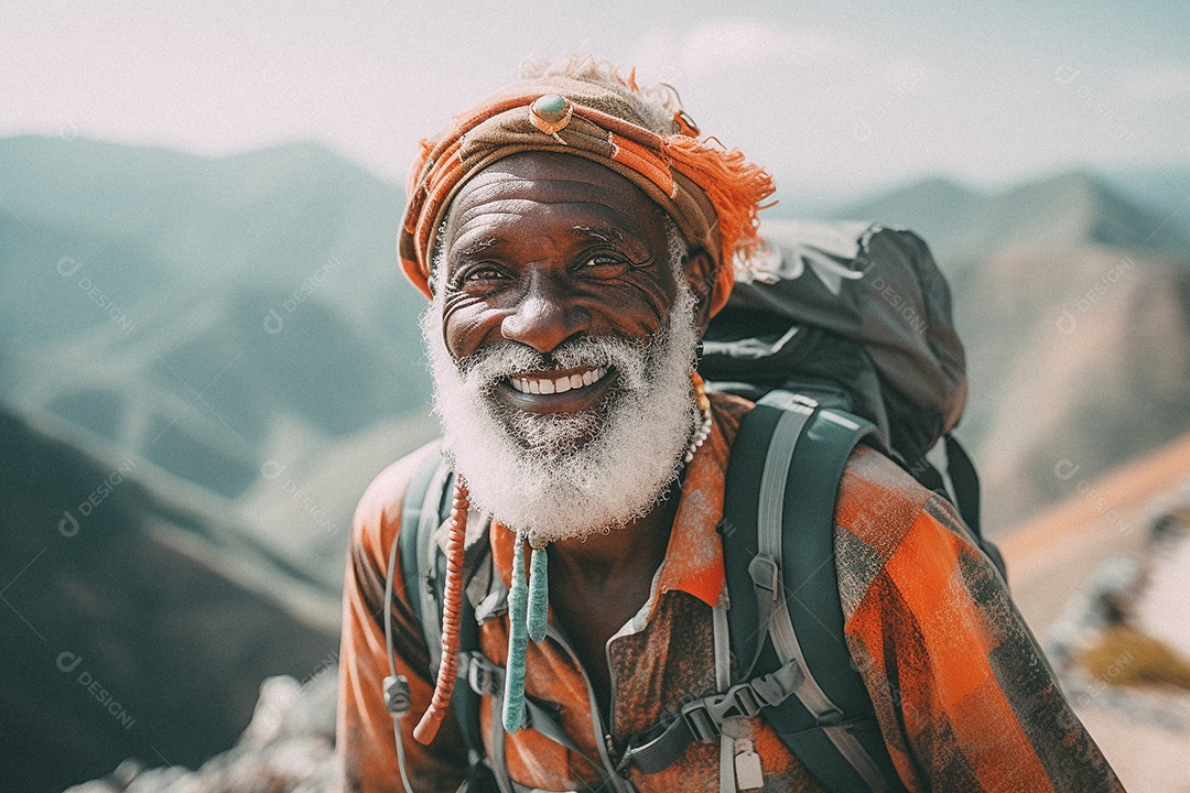 Velho negro andando no topo da montanha
