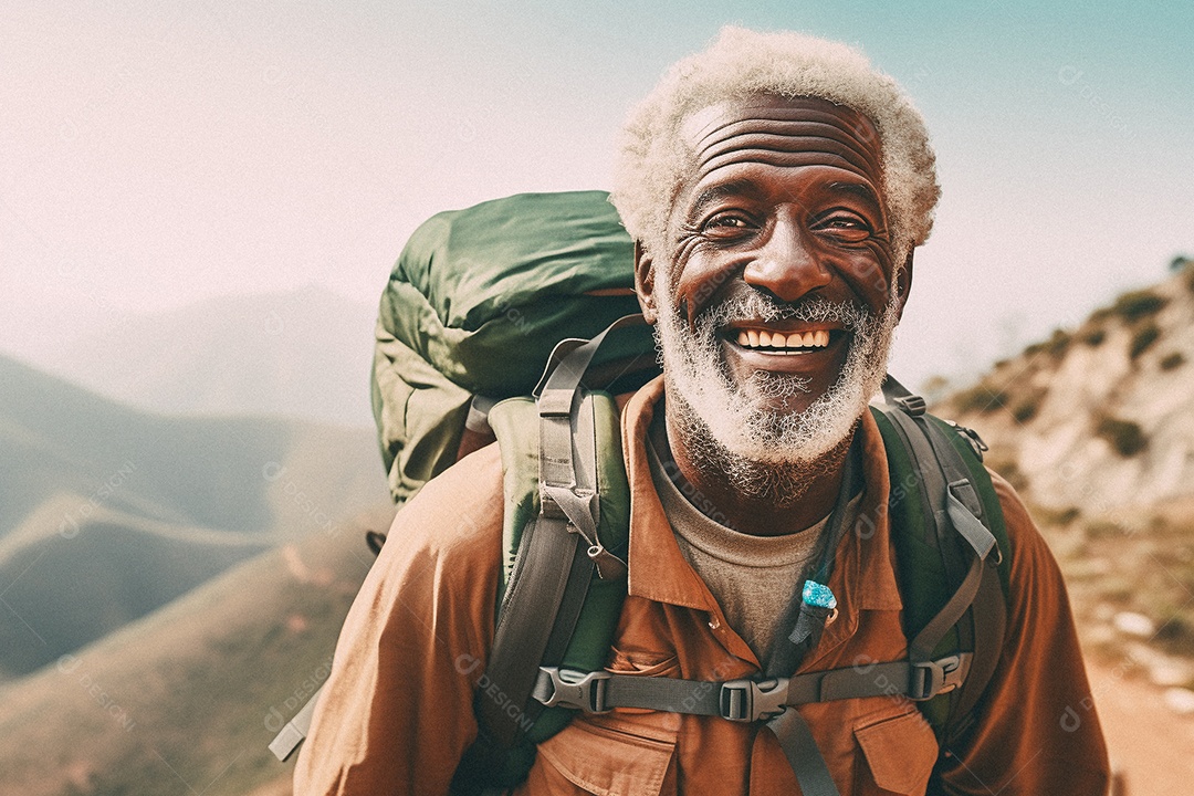 Velho negro andando no topo da montanha