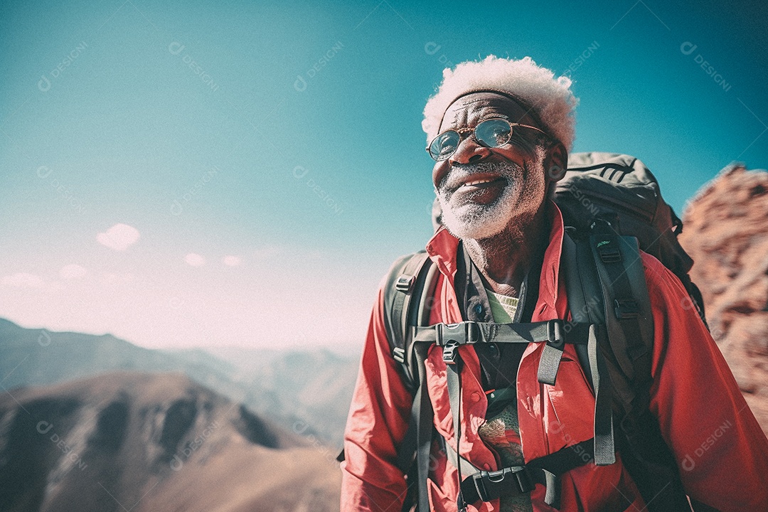 Velho negro andando no topo da montanha