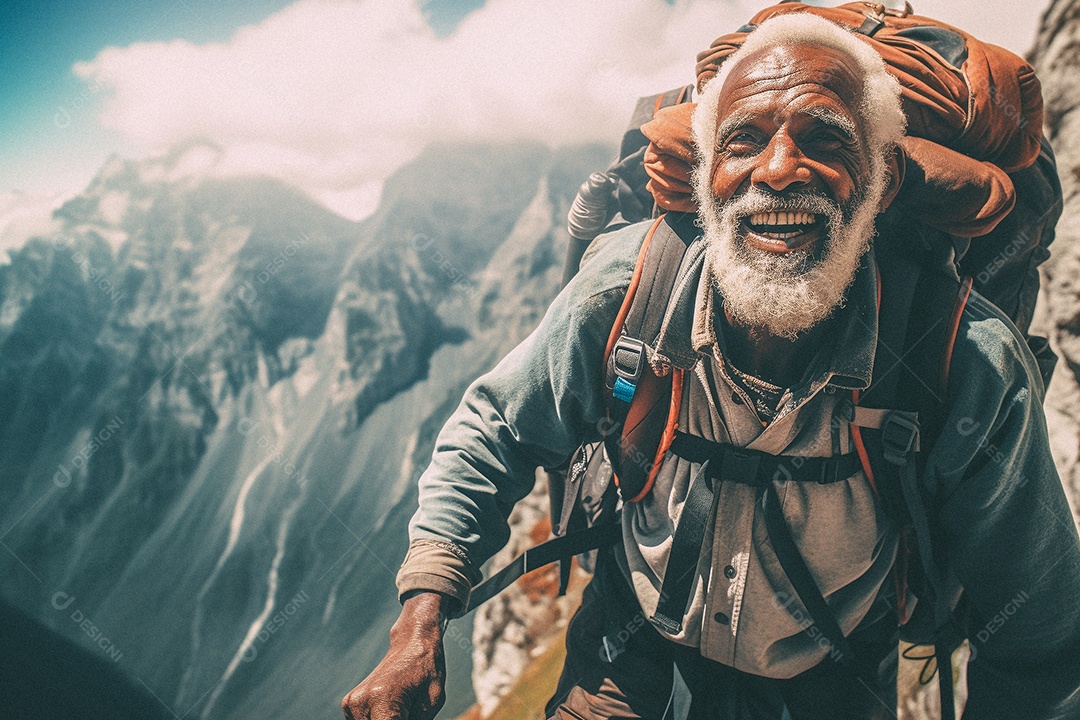Velho negro andando no topo da montanha