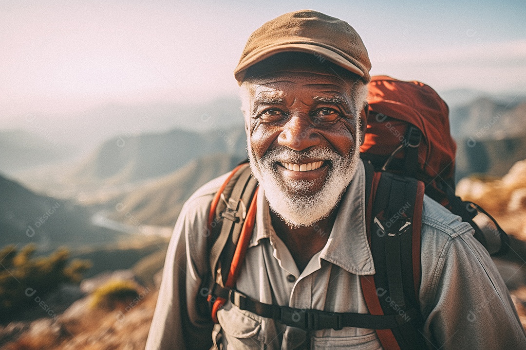 Velho negro andando no topo da montanha