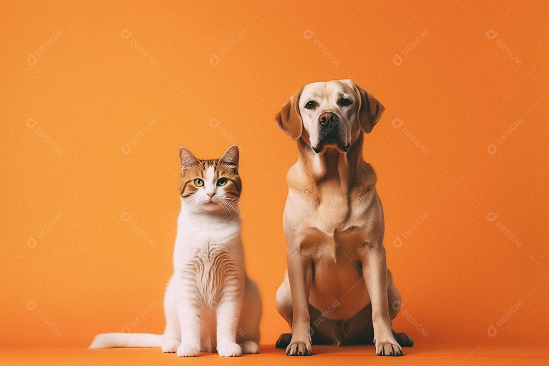 Cachorro e gato sentados para foto isolada no fundo laranja do estúdio