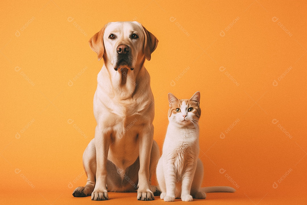 Cachorro e gato sentados para foto isolada no fundo laranja do estúdio