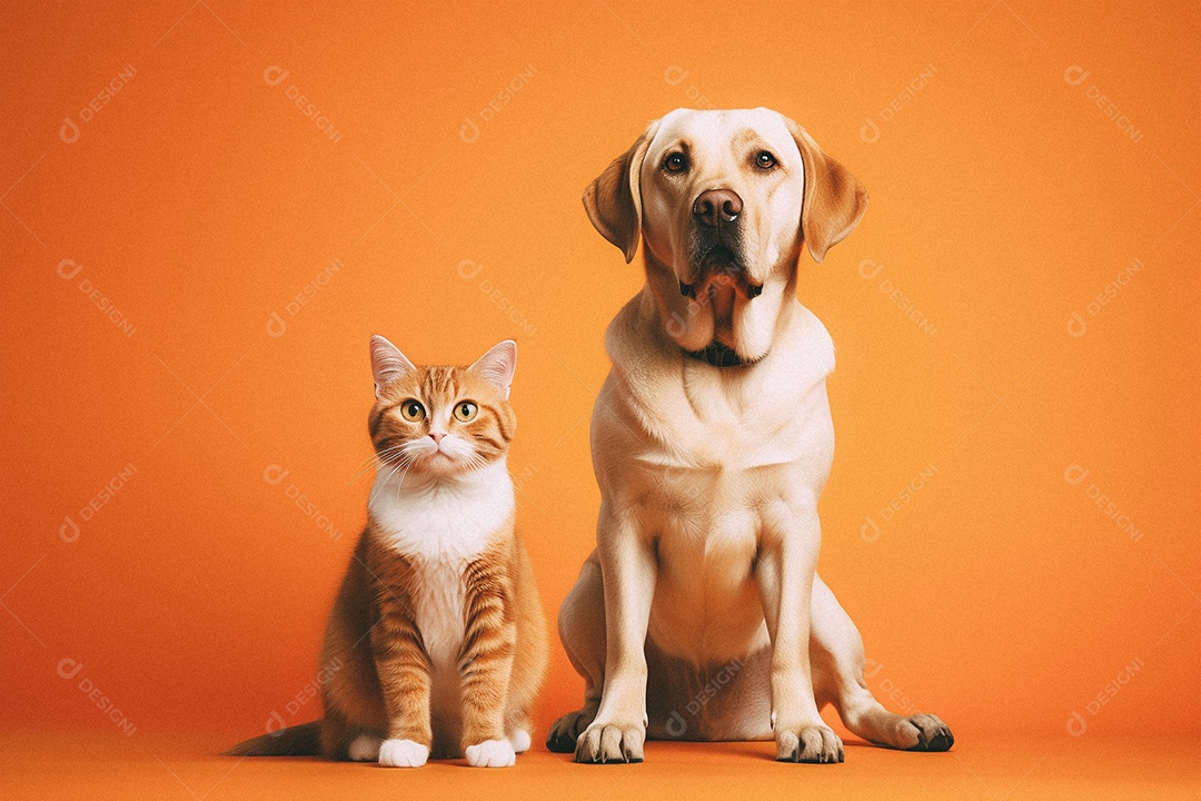 Cachorro e gato sentados para foto isolada no fundo laranja do estúdio