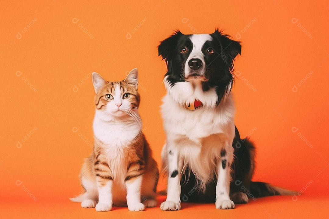 Cachorro e gato sentados para foto isolada no fundo laranja do estúdio