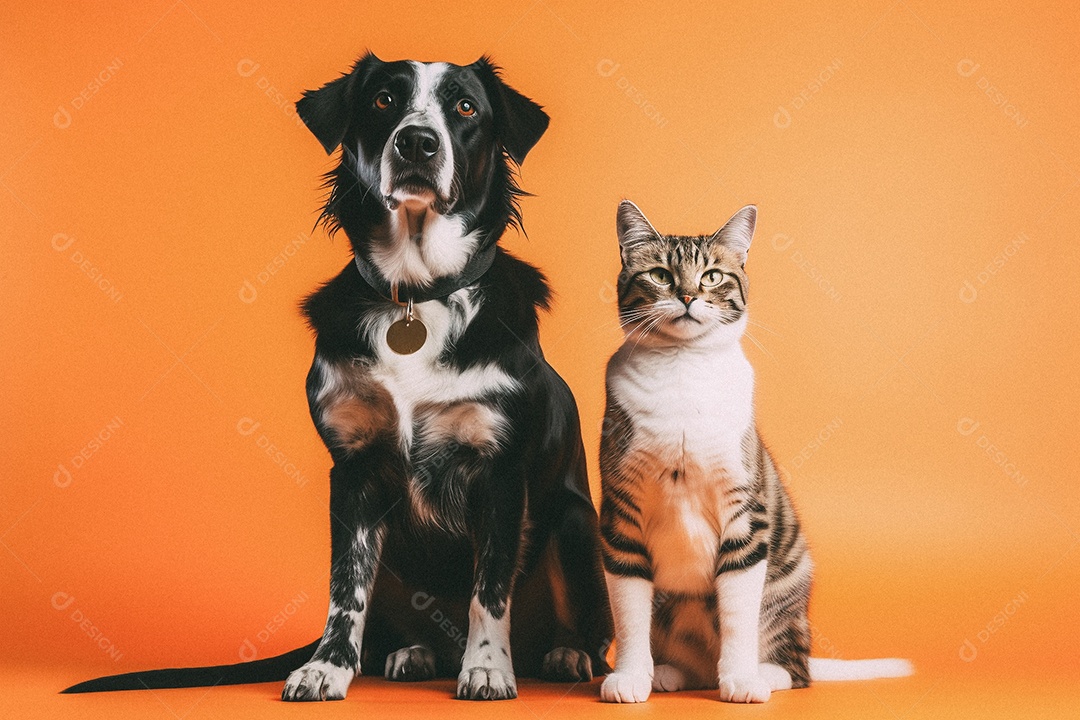 Cachorro e gato sentados para foto isolada no fundo laranja do estúdio