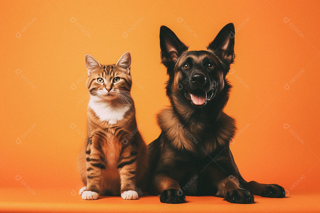 Cachorro e gato sentados para foto isolada no fundo laranja do estúdio