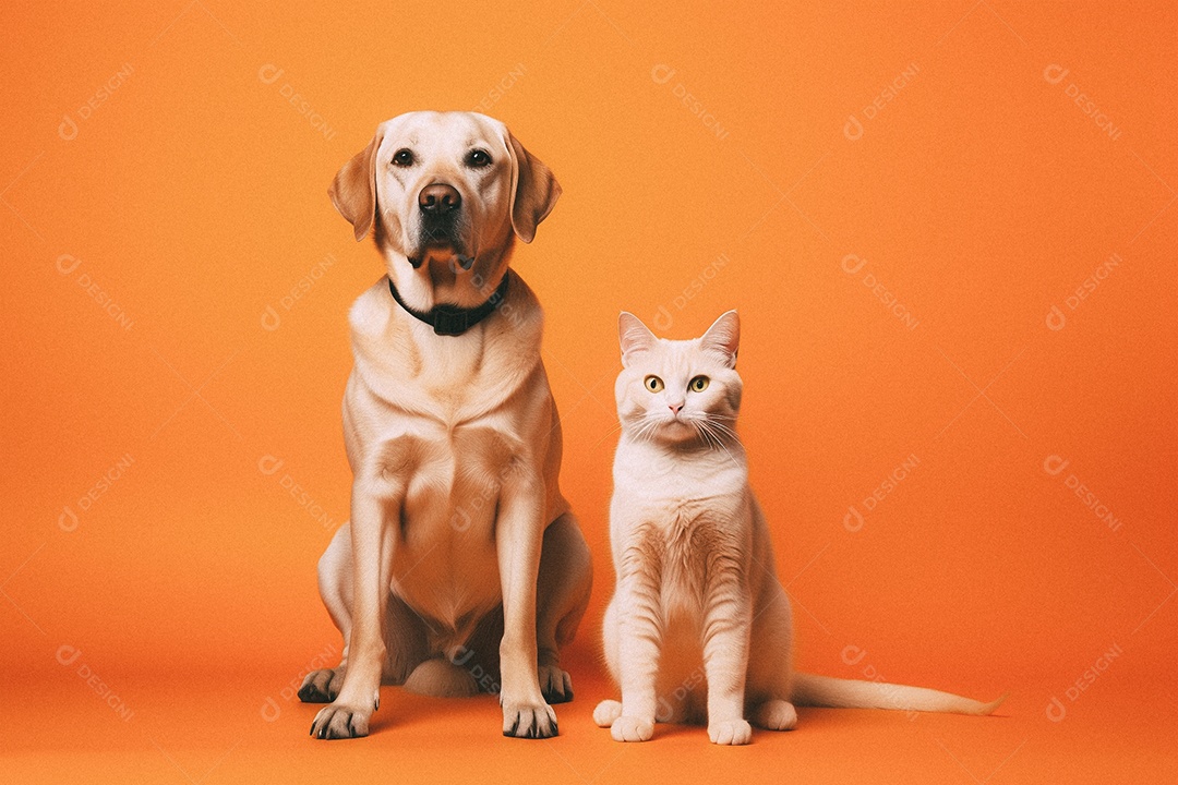 Cachorro e gato sentados para foto isolada no fundo laranja do estúdio