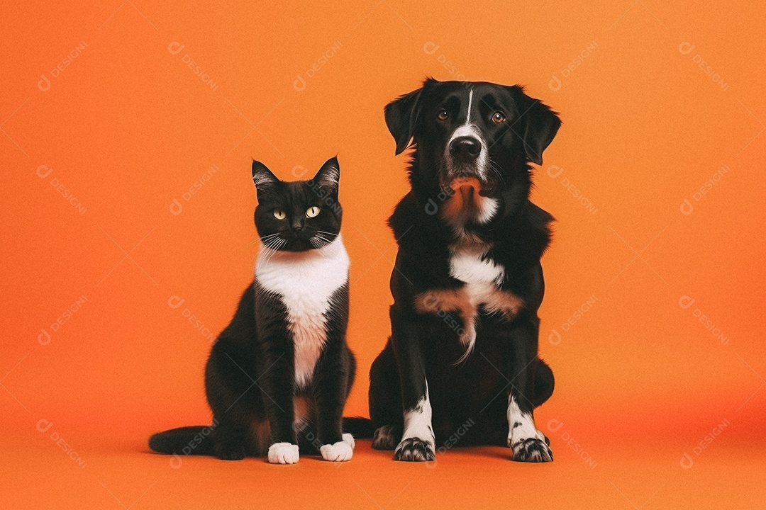 Cachorro e gato sentados para foto isolada no fundo laranja do estúdio