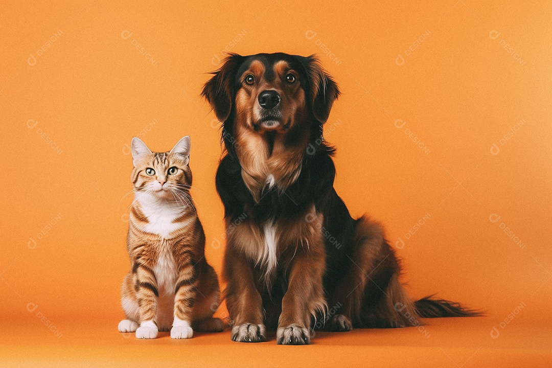 Cachorro e gato sentados para foto isolada no fundo laranja do estúdio