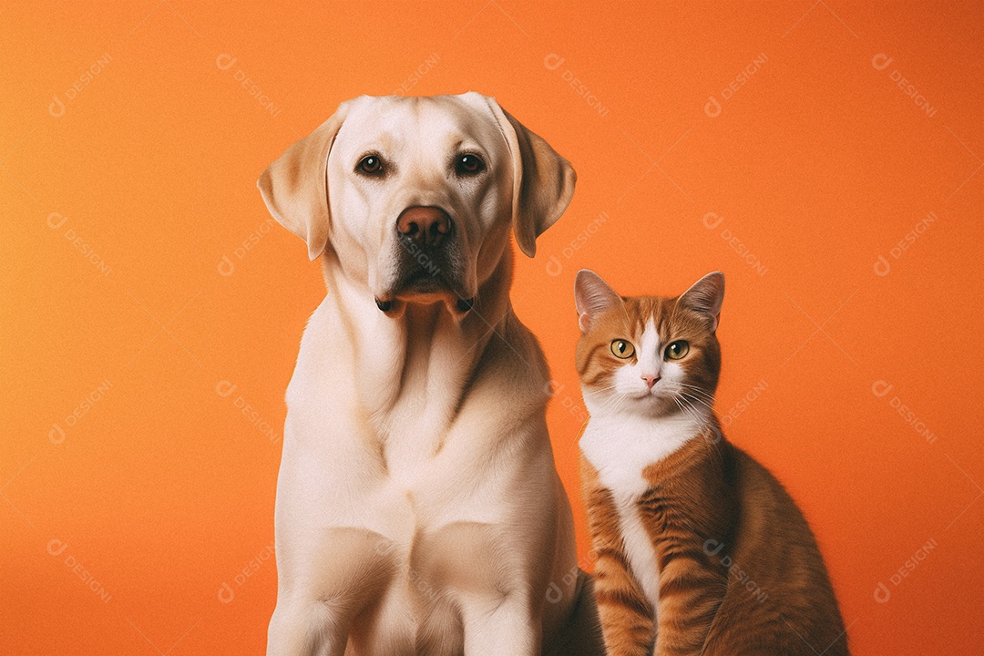 Cachorro e gato sentados para foto isolada no fundo laranja do estúdio