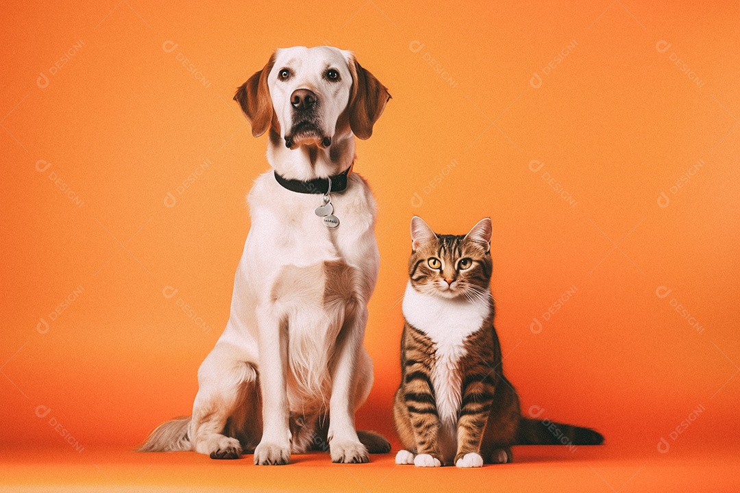 Cachorro e gato sentados para foto isolada no fundo laranja do estúdio