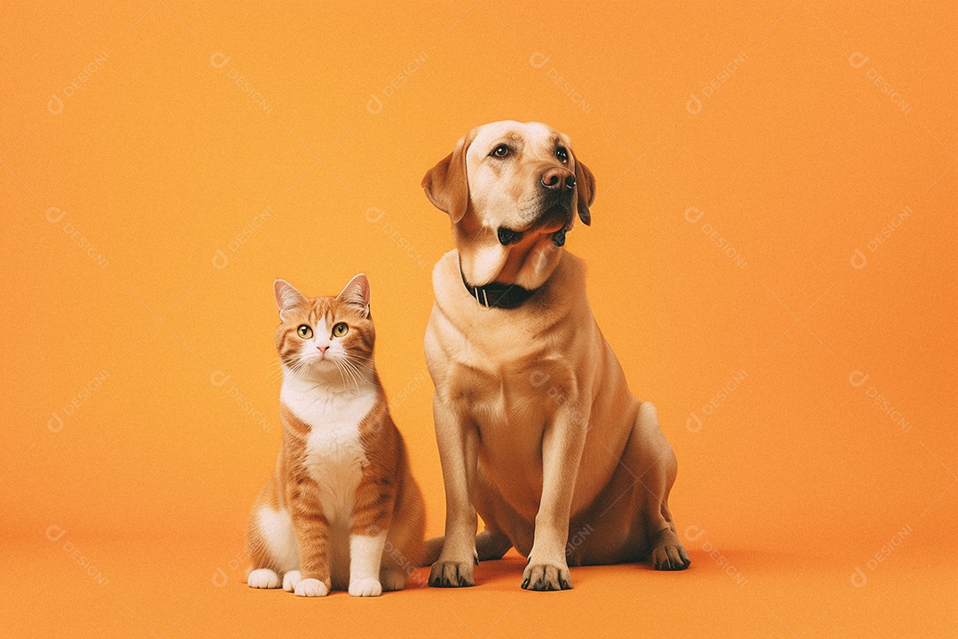 Cachorro e gato sentados para foto isolada no fundo laranja do estúdio