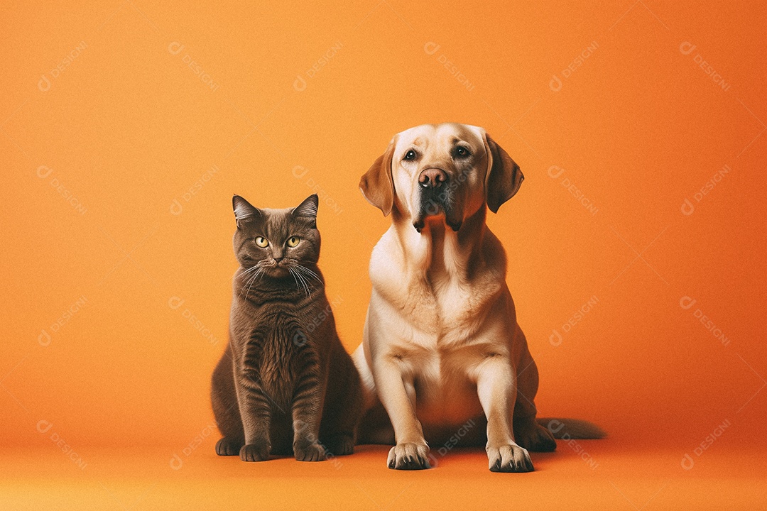 Cachorro e gato sentados para foto isolada no fundo laranja do estúdio