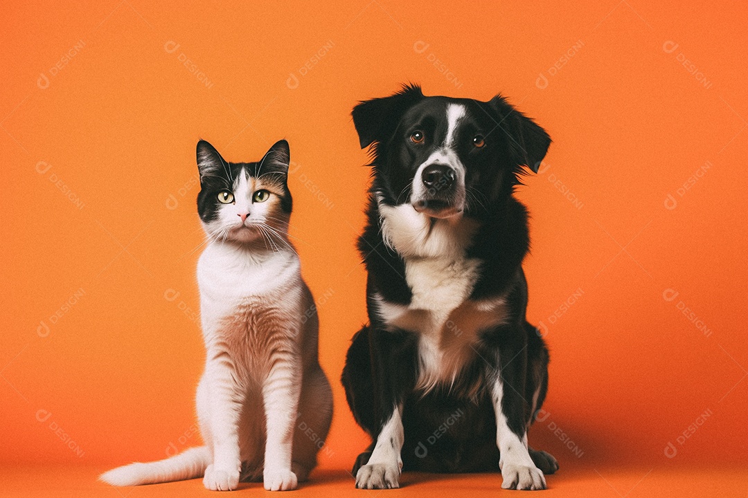 Cachorro e gato sentados para foto isolada no fundo laranja do estúdio