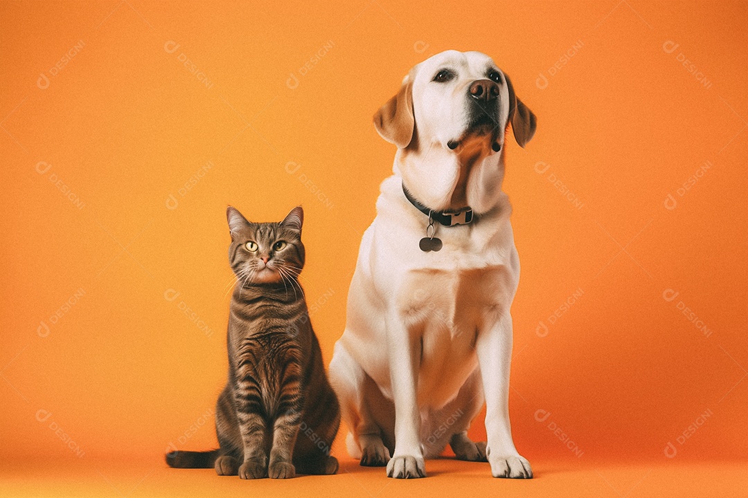 Cachorro e gato sentados para foto isolada no fundo laranja do estúdio