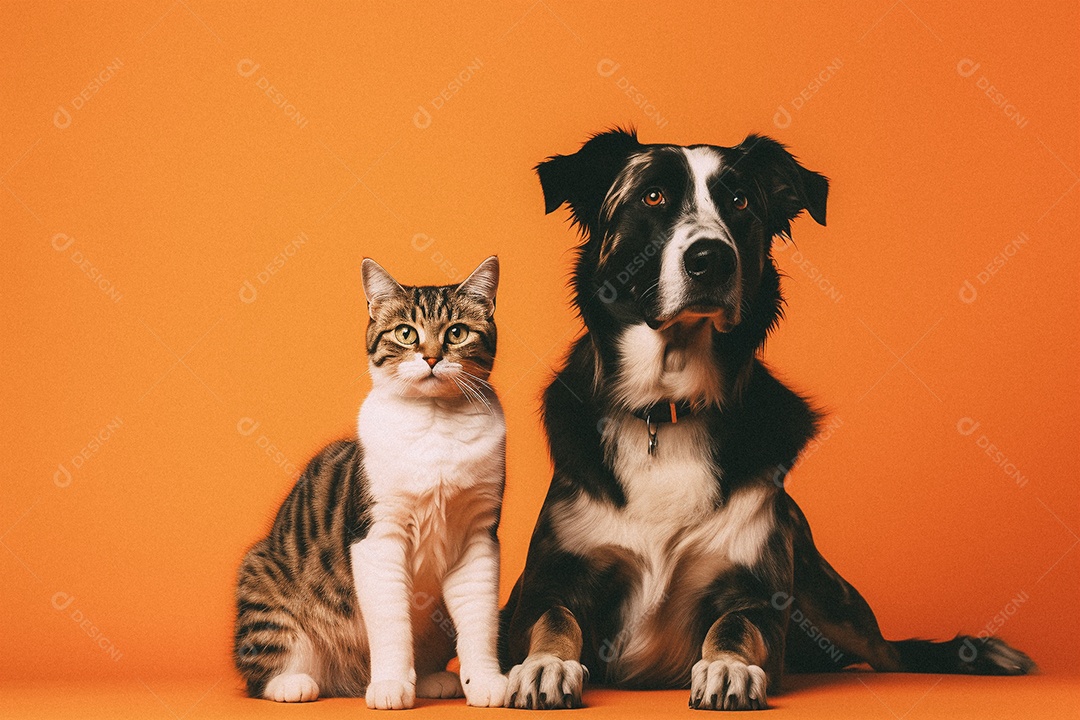 Cachorro e gato sentados para foto isolada no fundo laranja do estúdio