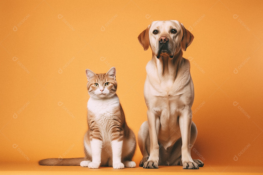 Cachorro e gato sentados para foto isolada no fundo laranja do estúdio