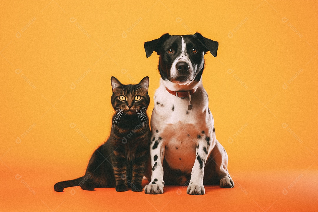 Cachorro e gato sentados para foto isolada no fundo laranja do estúdio