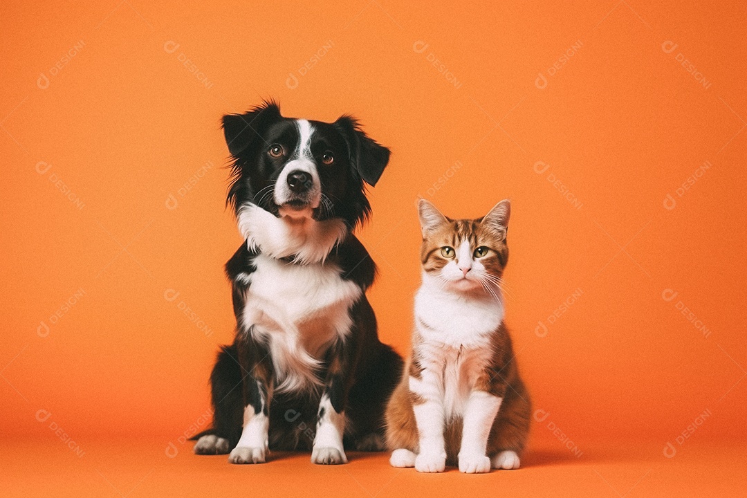 Cachorro e gato sentados para foto isolada no fundo laranja do estúdio