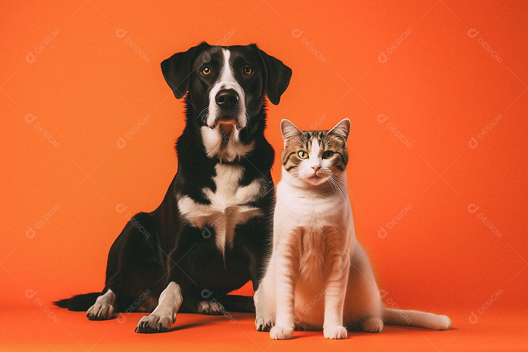 Cachorro e gato sentados para foto isolada no fundo laranja do estúdio