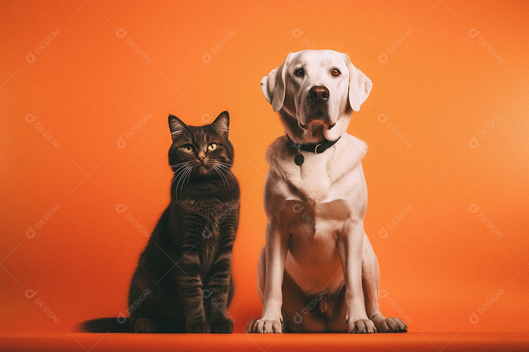 Cachorro e gato sentados para foto isolada no fundo laranja do estúdio