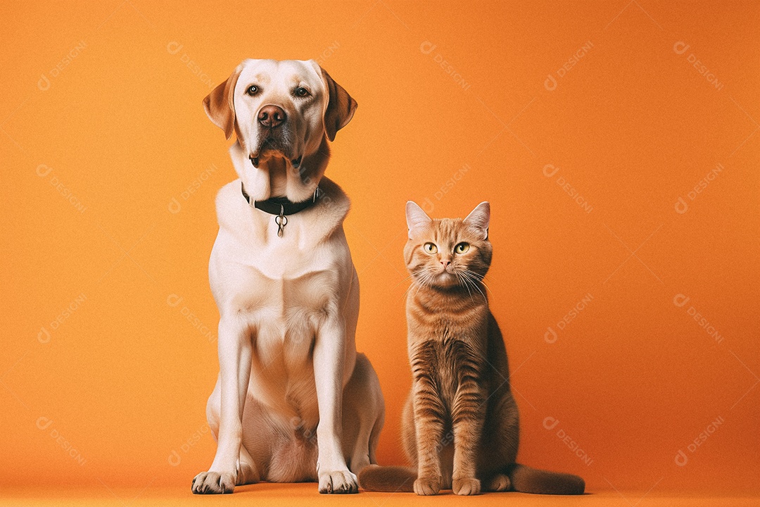Cachorro e gato sentados para foto isolada no fundo laranja do estúdio