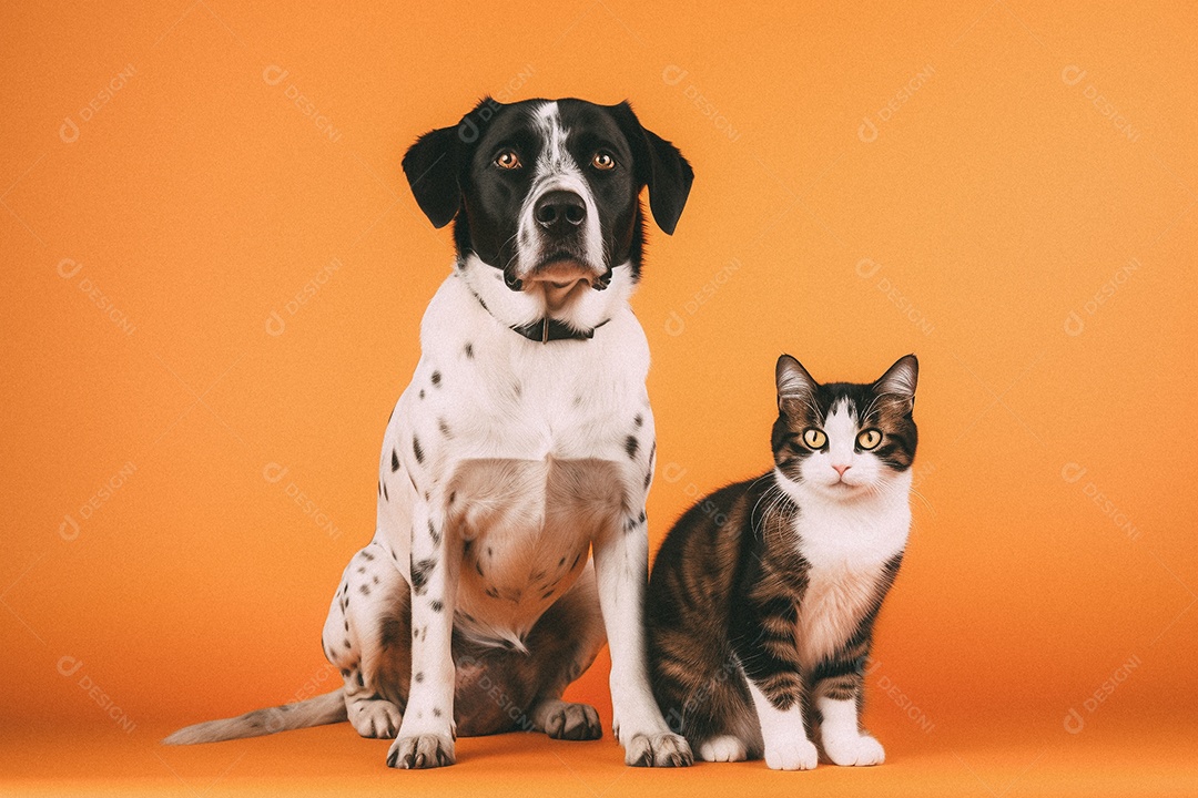 Cachorro e gato sentados para foto isolada no fundo laranja do estúdio