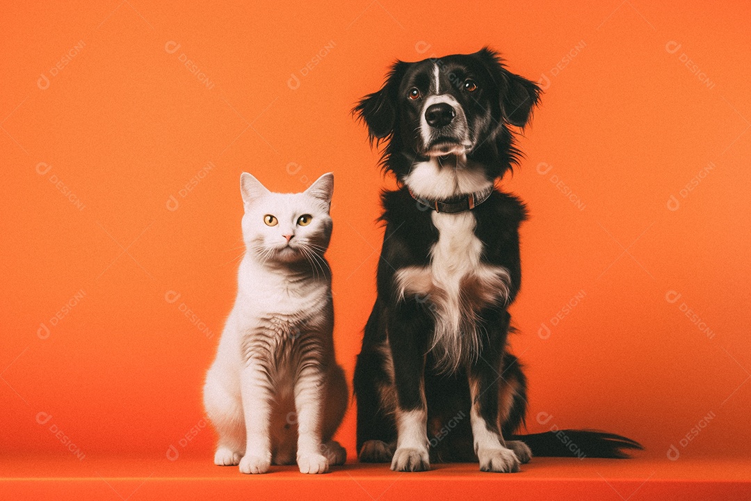 Cachorro e gato sentados para foto isolada no fundo laranja do estúdio