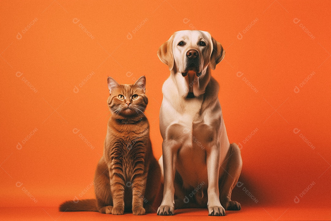 Cachorro e gato sentados para foto isolada no fundo laranja do estúdio