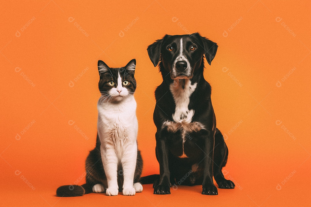 Cachorro e gato sentados para foto isolada no fundo laranja do estúdio