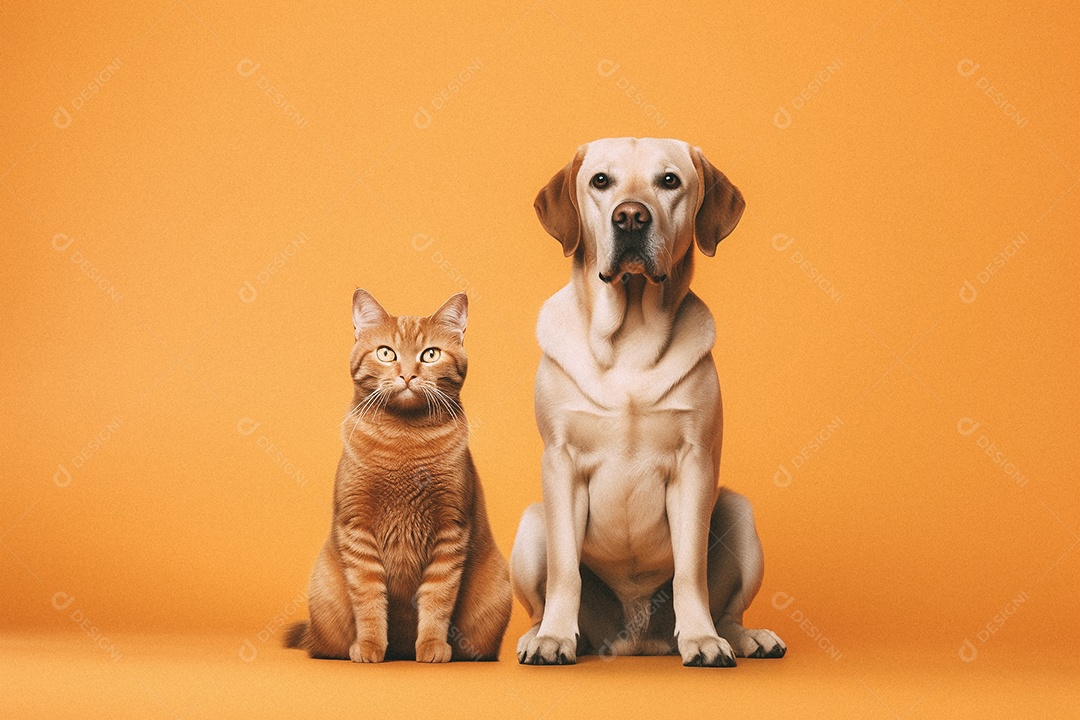 Cachorro e gato sentados para foto isolada no fundo laranja do estúdio