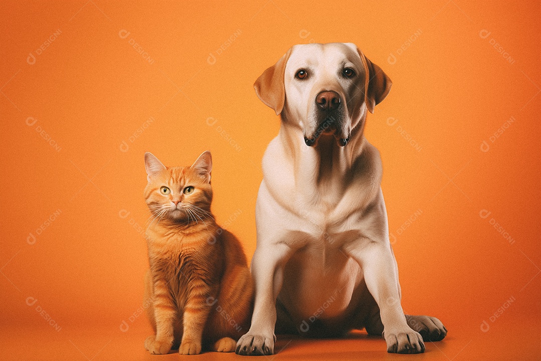 Cachorro e gato sentados para foto isolada no fundo laranja do estúdio