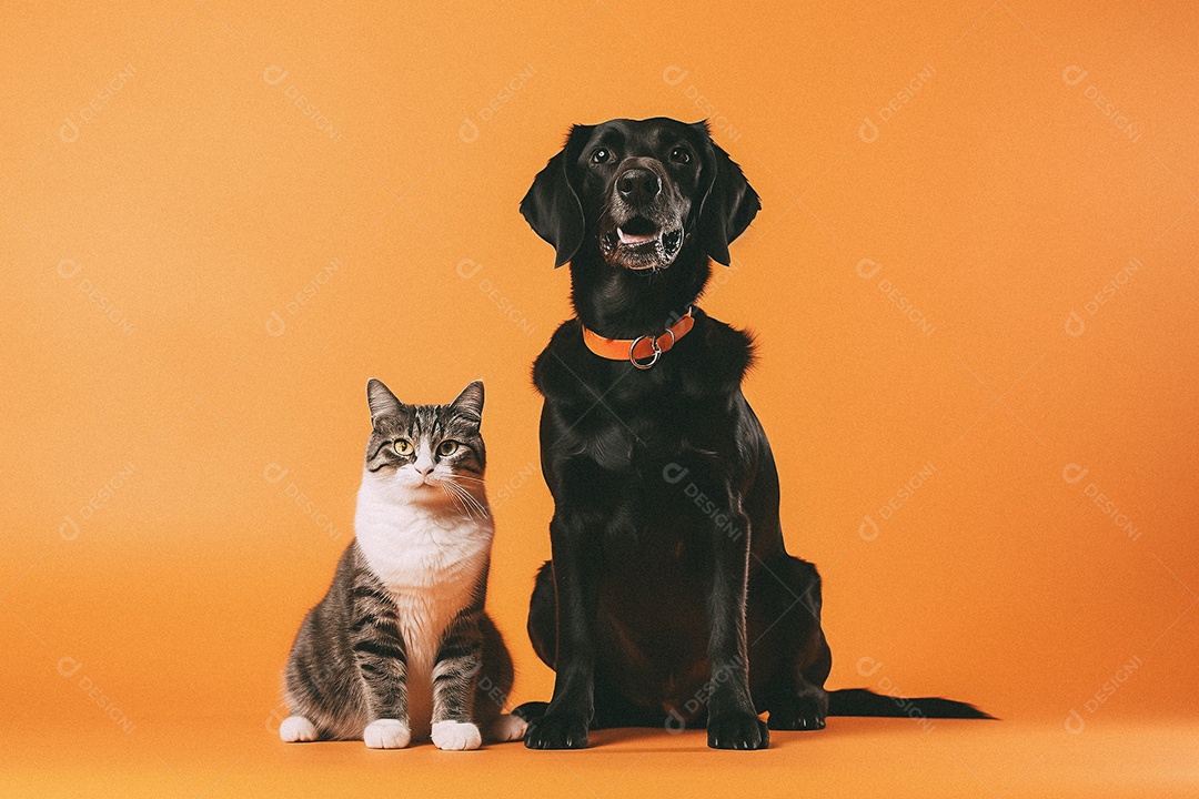 Cachorro e gato sentados para foto isolada no fundo laranja do estúdio