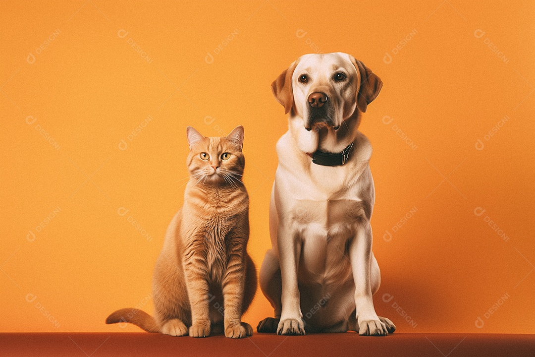 Cachorro e gato sentados para foto isolada no fundo laranja do estúdio