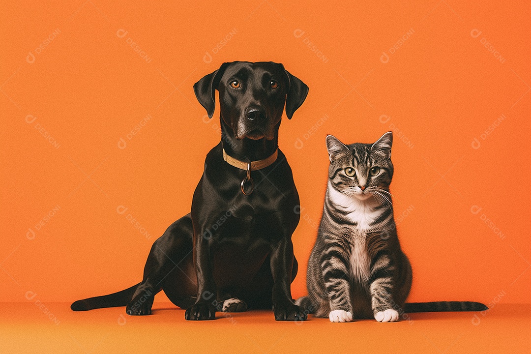 Cachorro e gato sentados para foto isolada no fundo laranja do estúdio
