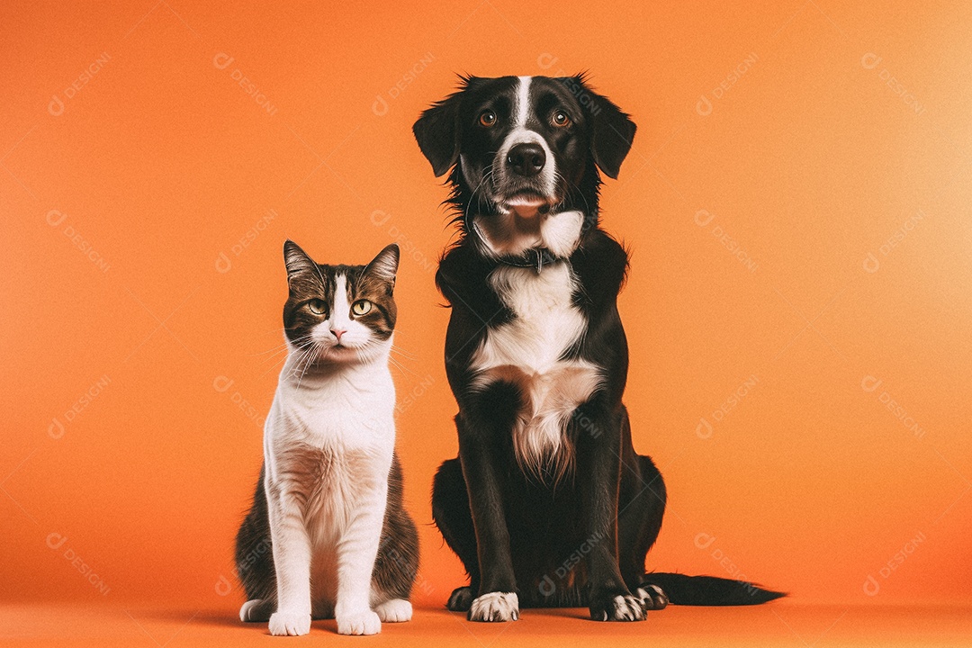 Cachorro e gato sentados para foto isolada no fundo laranja do estúdio