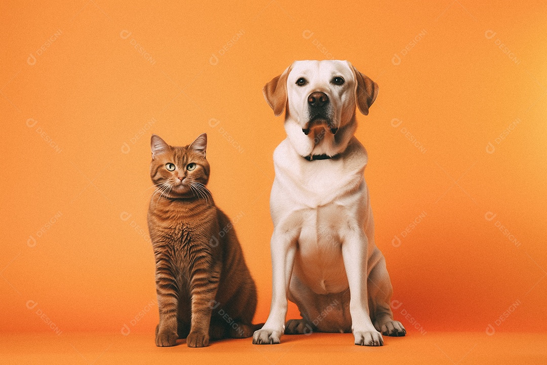 Cachorro e gato sentados para foto isolada no fundo laranja do estúdio