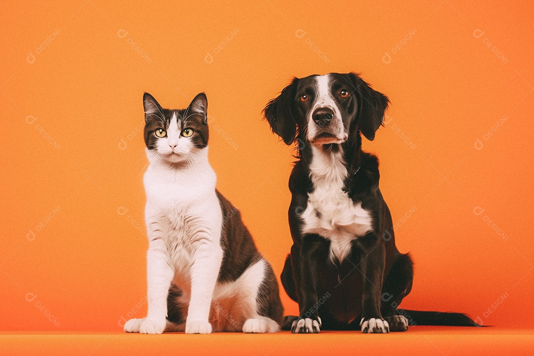 Cachorro e gato sentados para foto isolada no fundo laranja do estúdio