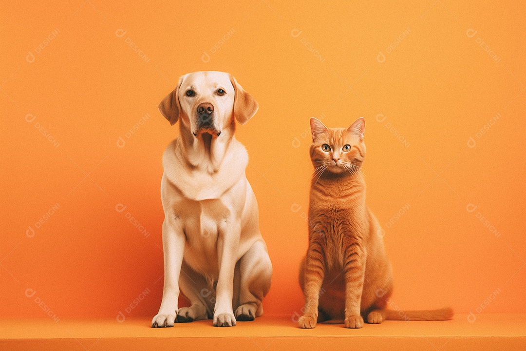 Cachorro e gato sentados para foto isolada no fundo laranja do estúdio