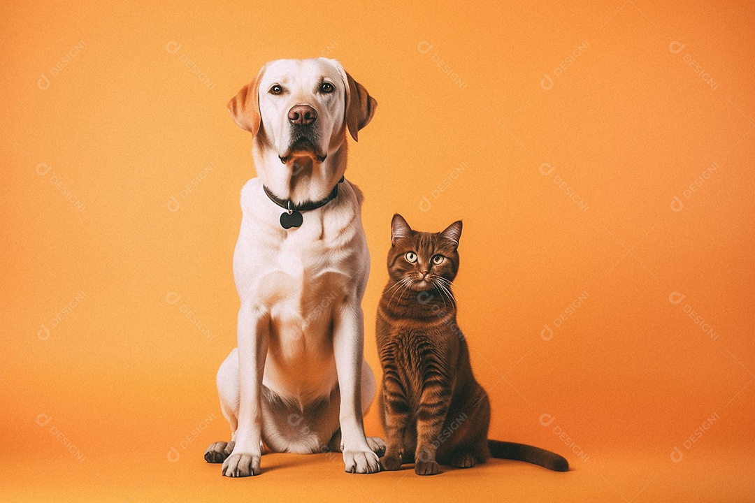 Cachorro e gato sentados para foto isolada no fundo laranja do estúdio