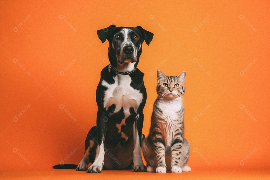 Cachorro e gato sentados para foto isolada no fundo laranja do estúdio