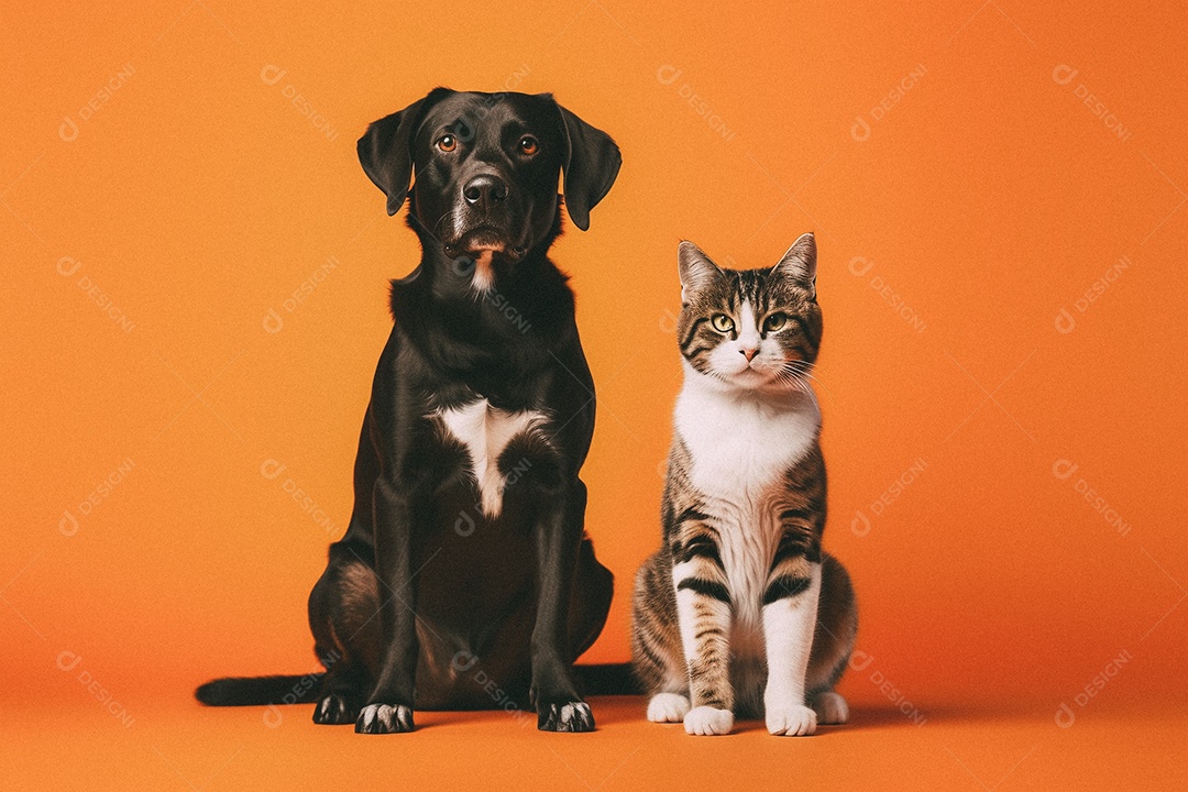 Cachorro e gato sentados para foto isolada no fundo laranja do estúdio