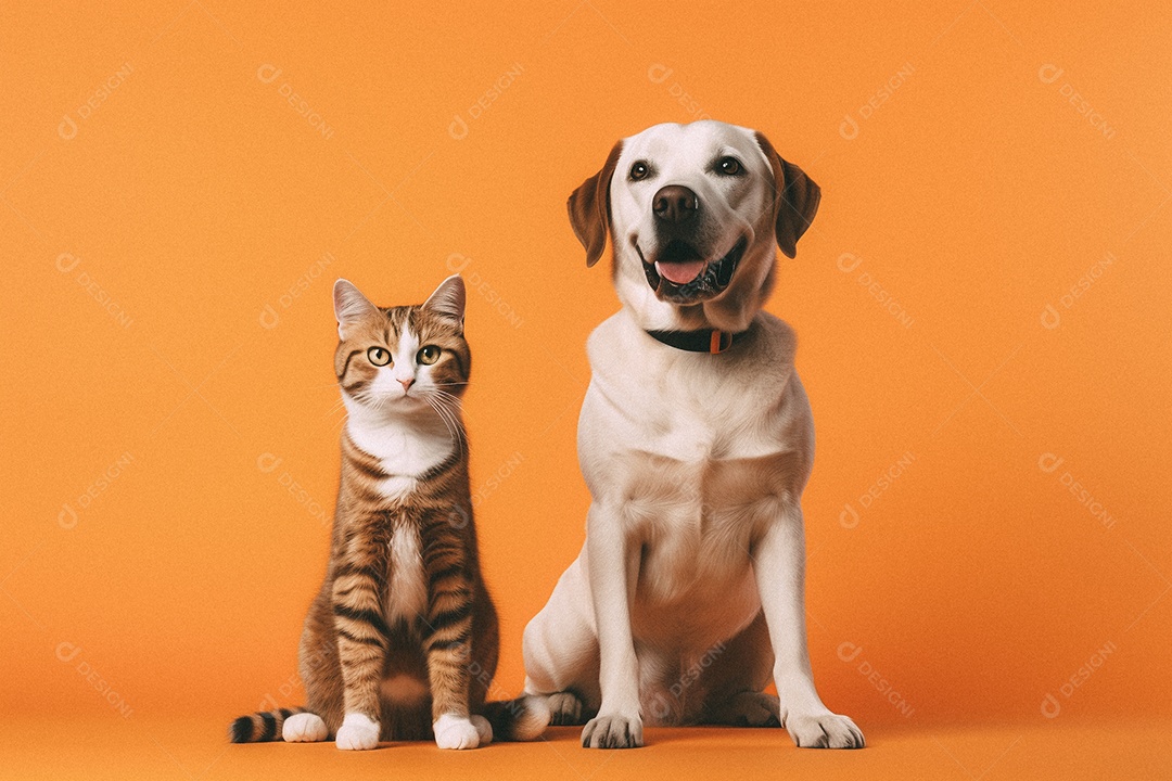Cachorro e gato sentados para foto isolada no fundo laranja do estúdio