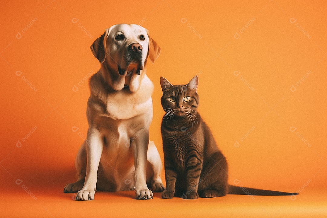 Cachorro e gato sentados para foto isolada no fundo laranja do estúdio