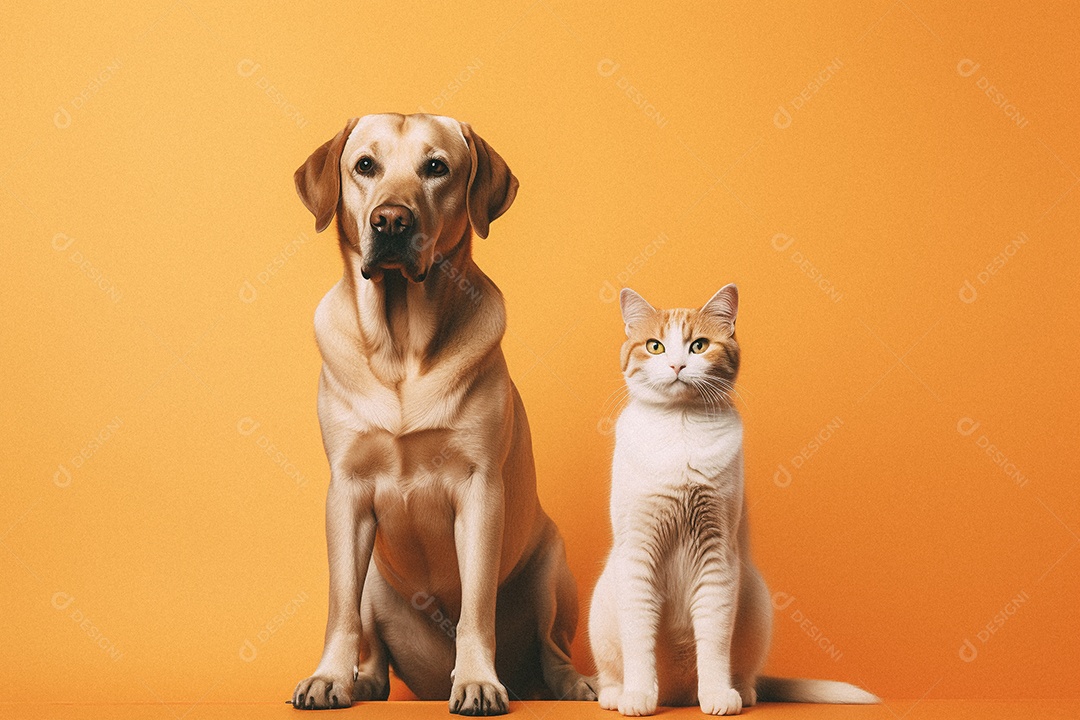 Cachorro e gato sentados para foto isolada no fundo laranja do estúdio