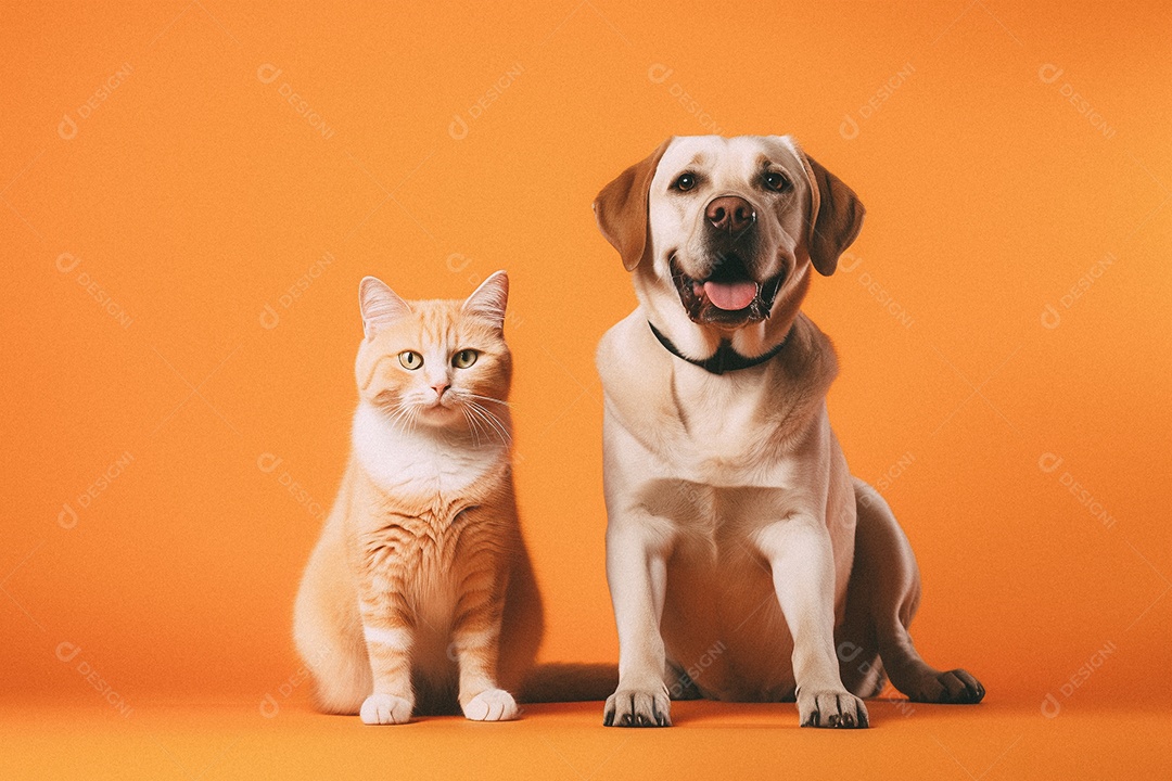 Cachorro e gato sentados para foto isolada no fundo laranja do estúdio
