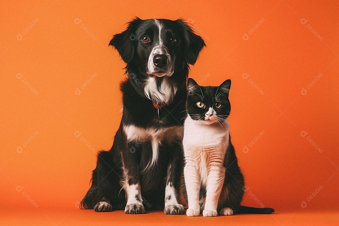 Cachorro e gato sentados para foto isolada no fundo laranja do estúdio