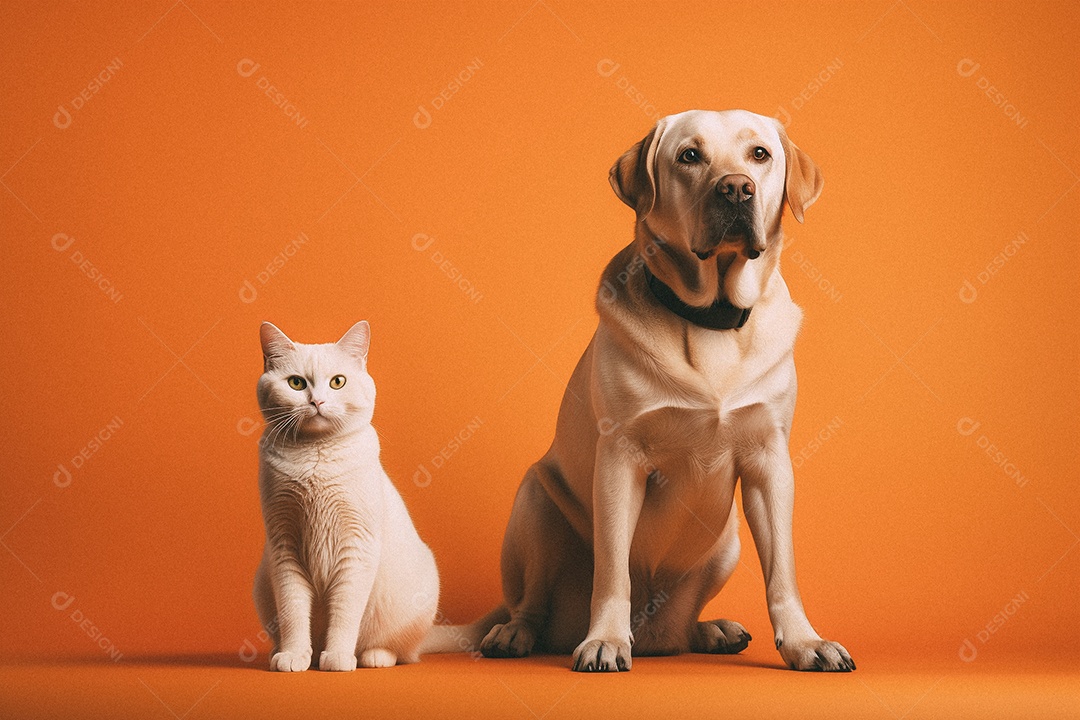 Cachorro e gato sentados para foto isolada no fundo laranja do estúdio